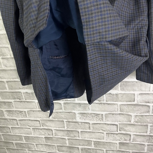 Michael Kors Navy Blue & Charcoal Gingham Check Blazer Suit Jacket Mens 44L Poly - Picture 4 of 10